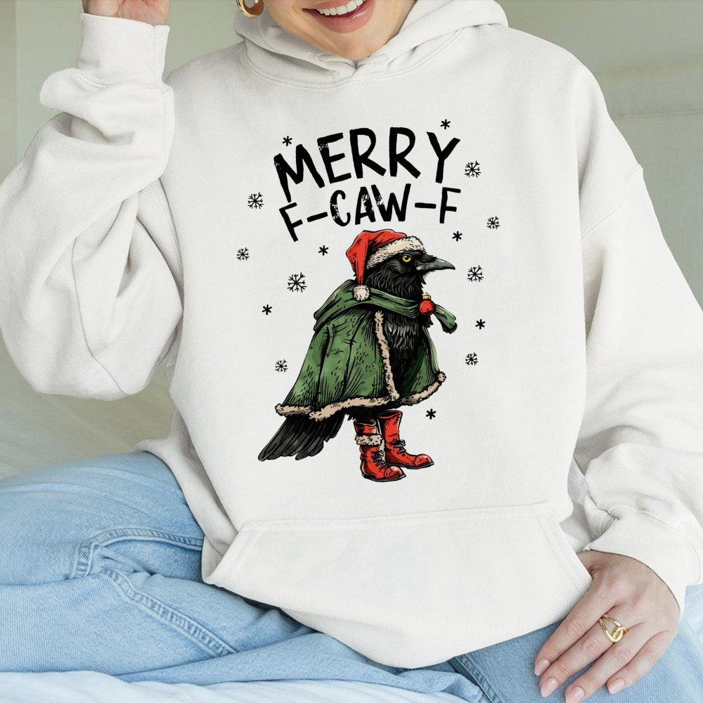 Humorous Crow Santa Sweatshirt, Merry F-Caw-F Christmas Hoodie, Bird Lover Xmas Pullover Hoodie, Holiday Graphic Hooded Sweat