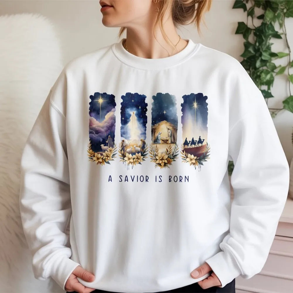 Watercolor Nativity Scene Sweater, A Savior Is Born Nativity Sweatshirt, Christian Christmas Crewneck Pullover, Faith Holiday