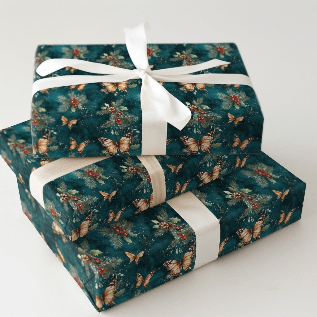 Orange Monarch Botanical Holiday Gift Wrap, Butterfly Holly Christmas Wrapping Paper, Teal Winter Foliage Wrapping Paper, Nat