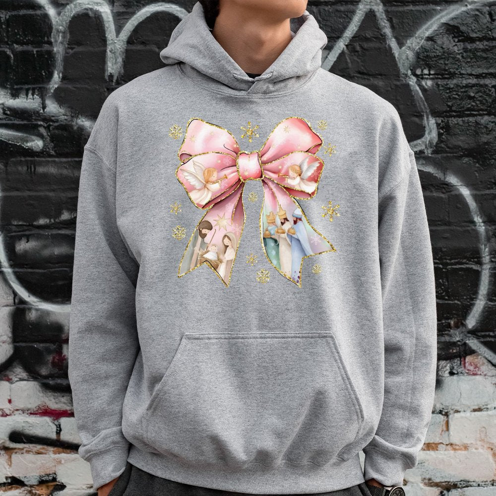 Coquette Bow Christian Nativity Sweatshirt, Nativity Scene Christmas Hoodie, Religious Holiday Graphic Pullover, Jesus Birth 