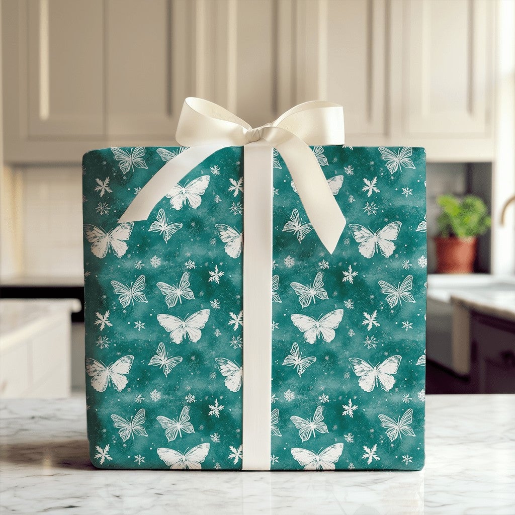 Teal Snowflake Gift Wrap, Winter Butterfly Wrapping Paper, Elegant Nature Holiday Wrapping Paper, Christmas and Birthday Pres