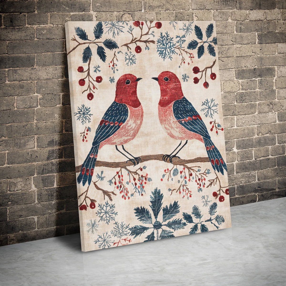 Winter Birds Wall Art, Winter Birds Folk Art Canvas Print, Winter Birds Holiday Poster, Christmas Canvas Print, Digital Downl