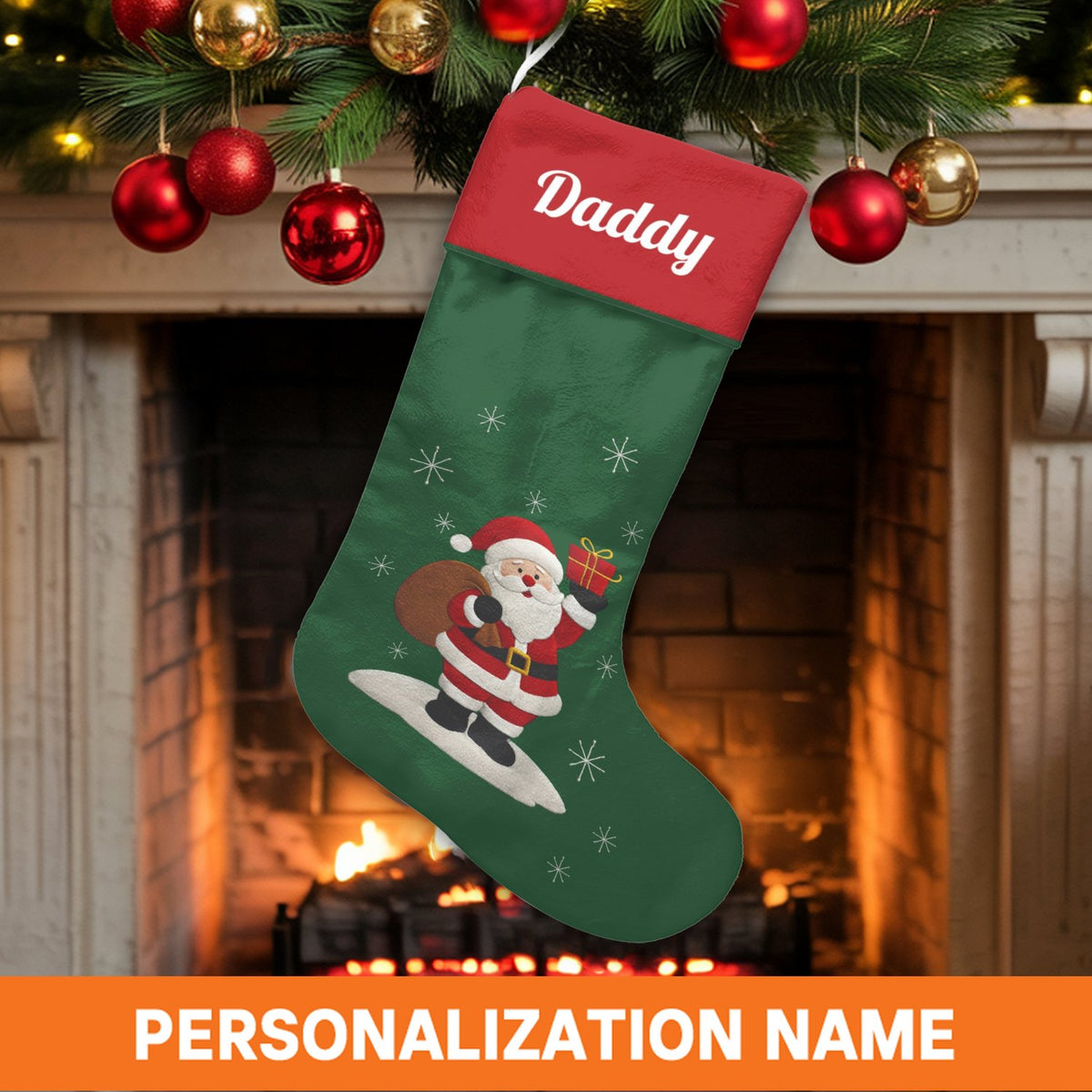 Custom Name Surf Holiday Stocking, Personalized Surfing Santa Christmas Stocking, Tropical Coastal Xmas Stocking, Beach Decor