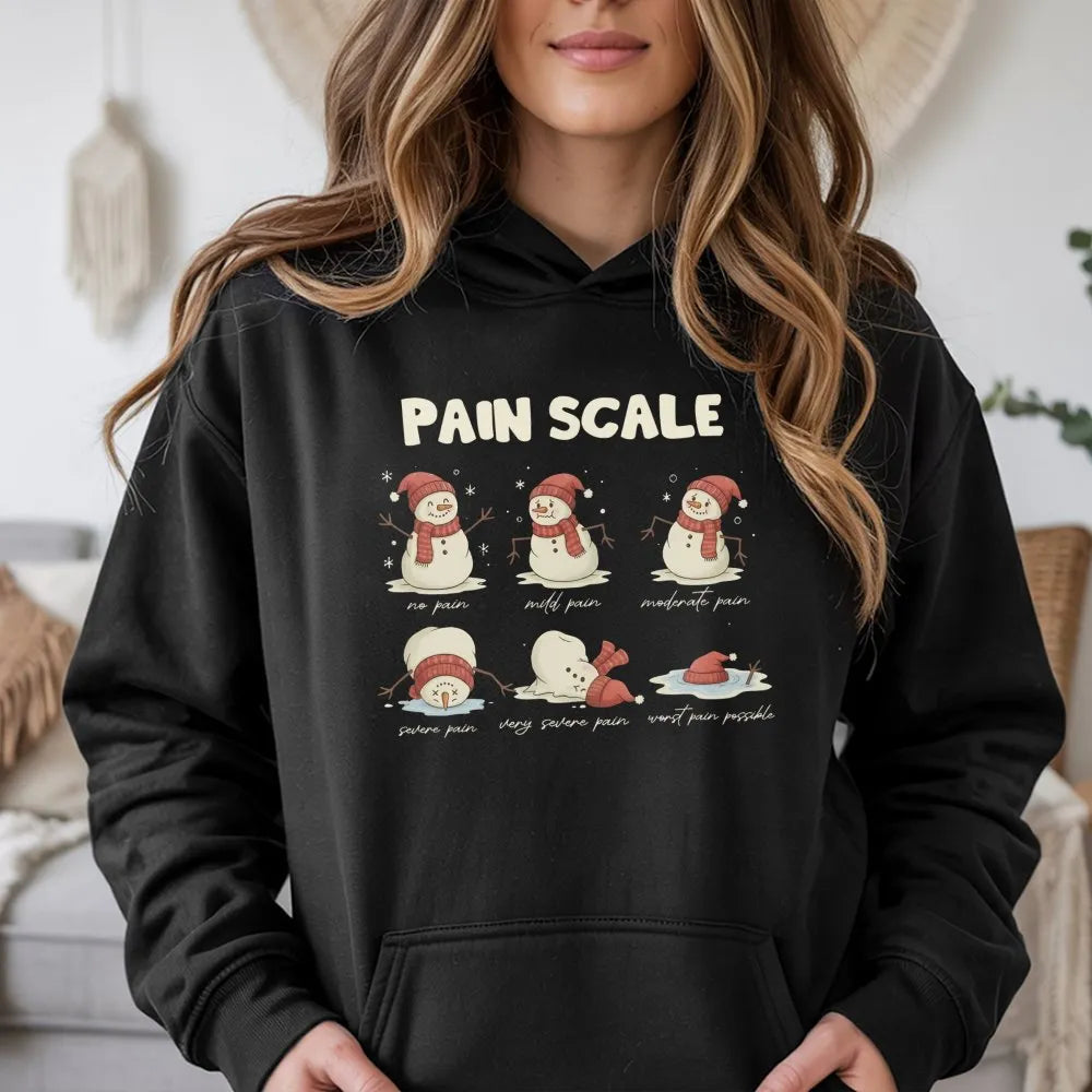 Christmas Nurse Pain Scale Hoodie, Melting Snowman Pain Scale Hoodie, Humorous Medical Holiday Hooded Sweatshirt, Adorable Xm