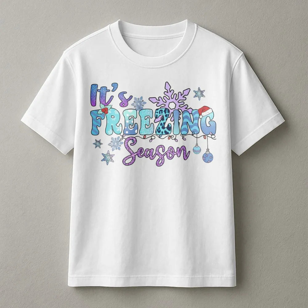 Retro Groovy Snowflake T-Shirt, It's Freezing Season Shirt, Adorable Winter Holiday Graphic Tee, Comfy Christmas Season Shirt