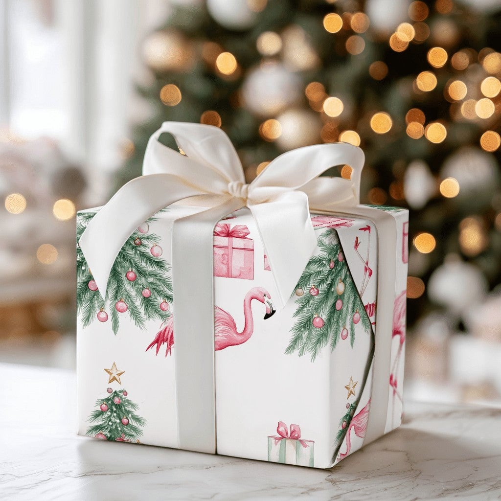 Tropical Holiday Gift Wrap, Pink Flamingo Christmas Wrapping Paper, Watercolor Flamingo Tree Wrapping Paper, Whimsical Christ