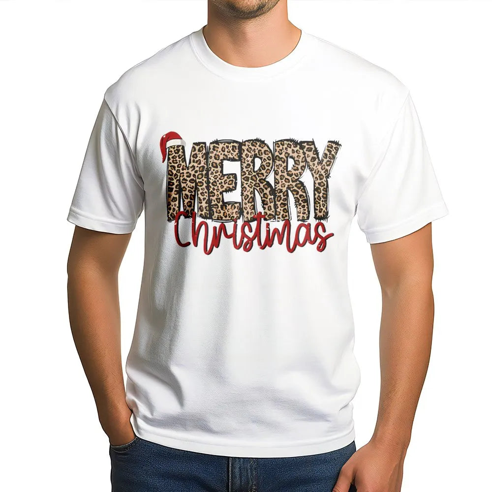 Leopard Print Santa Hat Shirt, Merry Christmas T-Shirt, Adorable Festive Holiday Graphic Tee, Womens Xmas Outfit, Trendy Holi