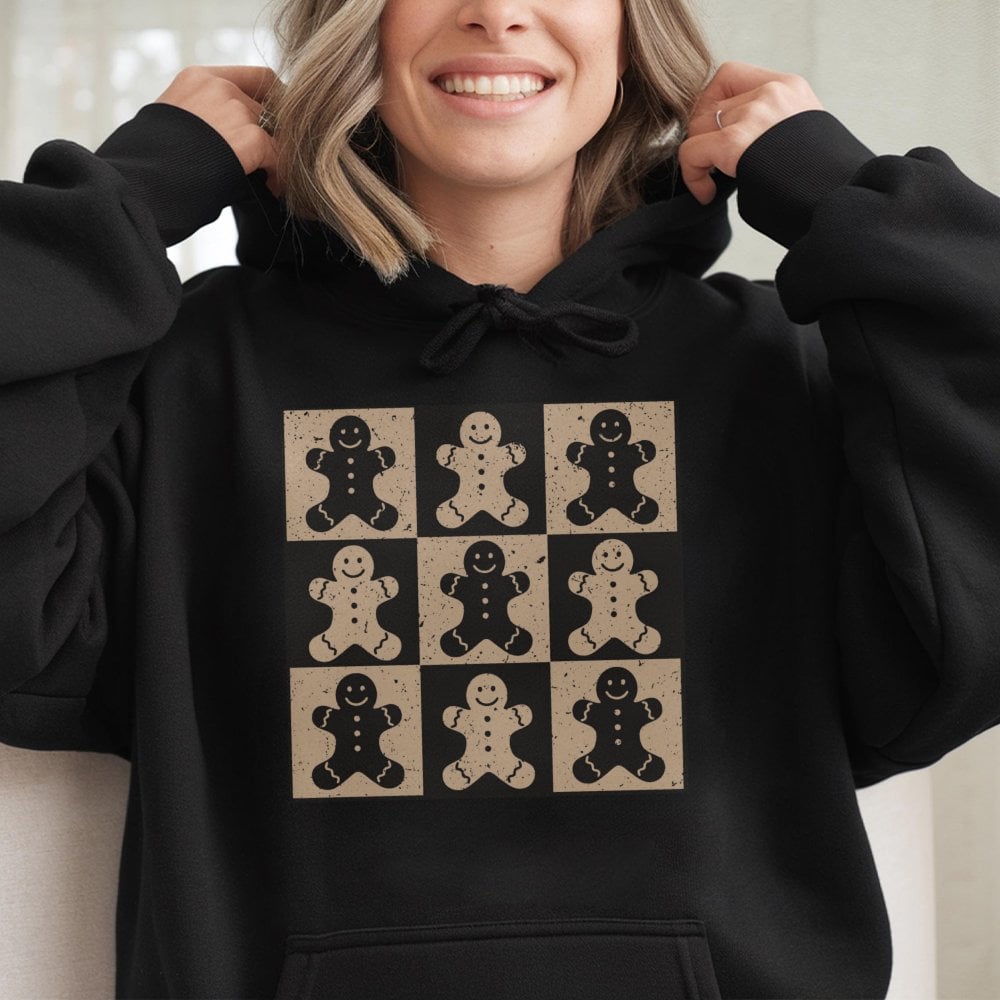 Checkered Christmas Hoodie, Gingerbread Man Hoodie, Adorable Xmas Baking Hooded Sweatshirt, Retro Holiday Cookie Hoodie, Bake
