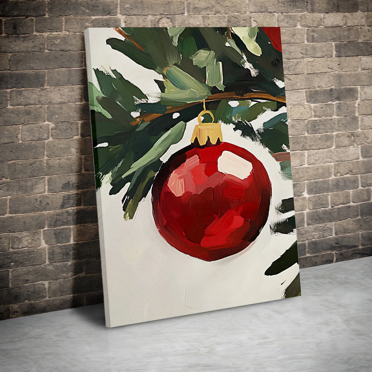 Red Bauble Pine Branch Canvas Print, Christmas Ornament Wall Art, Rustic Holiday Oil Painting Style Wall Art, Winter Festive 