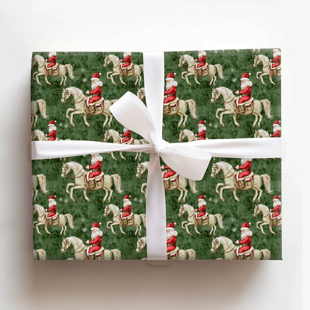 Equestrian Christmas Gift Wrap, Santa Riding White Horse Wrapping Paper, Green Holiday Wrapping Paper, Horse Lover Present Pa