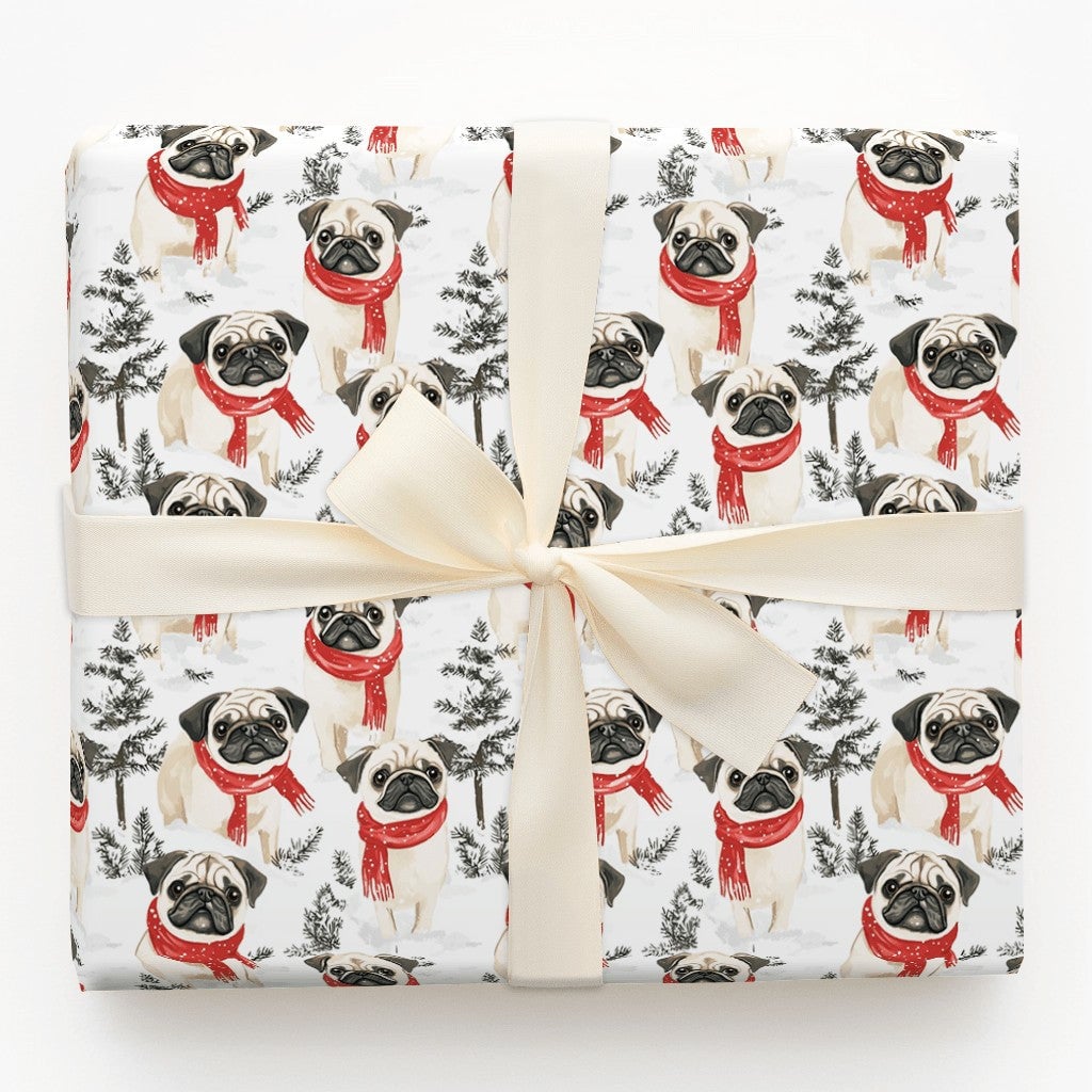 Festive Winter Scarf Pug Gift Wrap, Pug Dog Christmas Wrapping Paper, Holiday Puppy Wrapping Paper, Adorable Dog Lover Christ