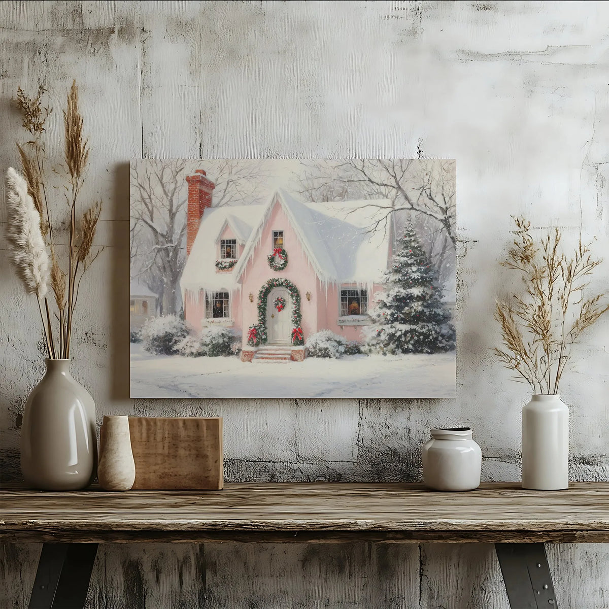 Snowy Winter Scene Art Print, Pink Christmas Cottage Canvas Wall Art, Comfy Holiday Cottage Wall Decor, Xmas Home Present Dig