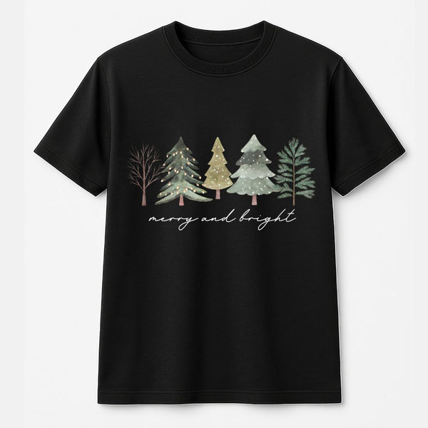 Watercolor Christmas Tree Shirt, Merry and Bright Christmas Tree T-Shirt, Festive Pine Forest Graphic Tee, Botanical Christma