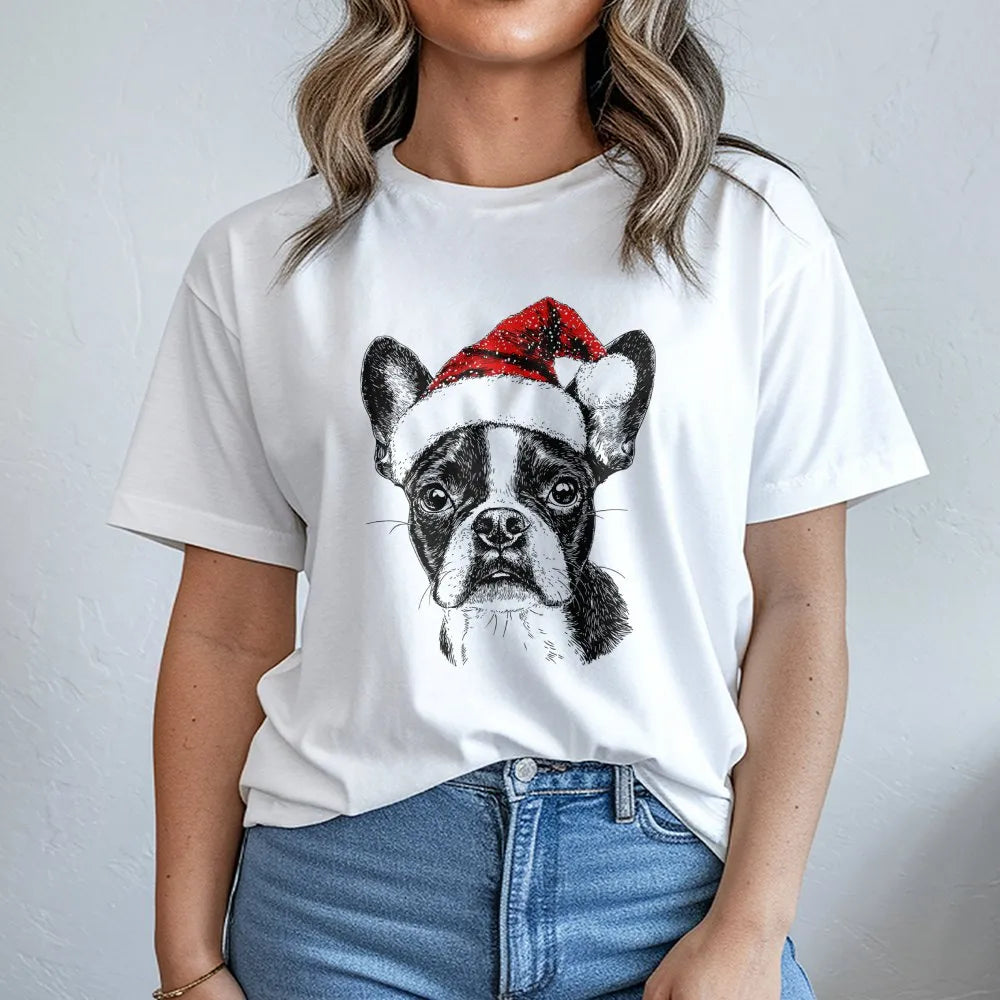Santa Hat Frenchie Shirt, Boston Terrier Christmas T-Shirt, Adorable Holiday Dog Graphic Tee, Festive Puppy T-Shirt, Xmas Pre