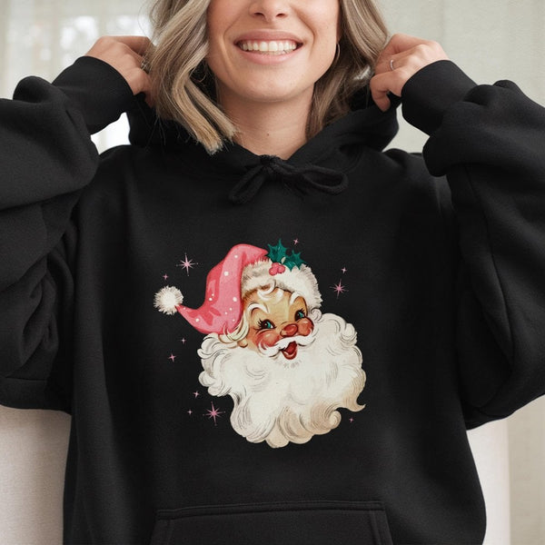 Pink Vintage Christmas Graphic Pullover, Retro Santa Hoodie, Adorable Coquette Holiday Hooded Sweatshirt, Girly Pastel Winter