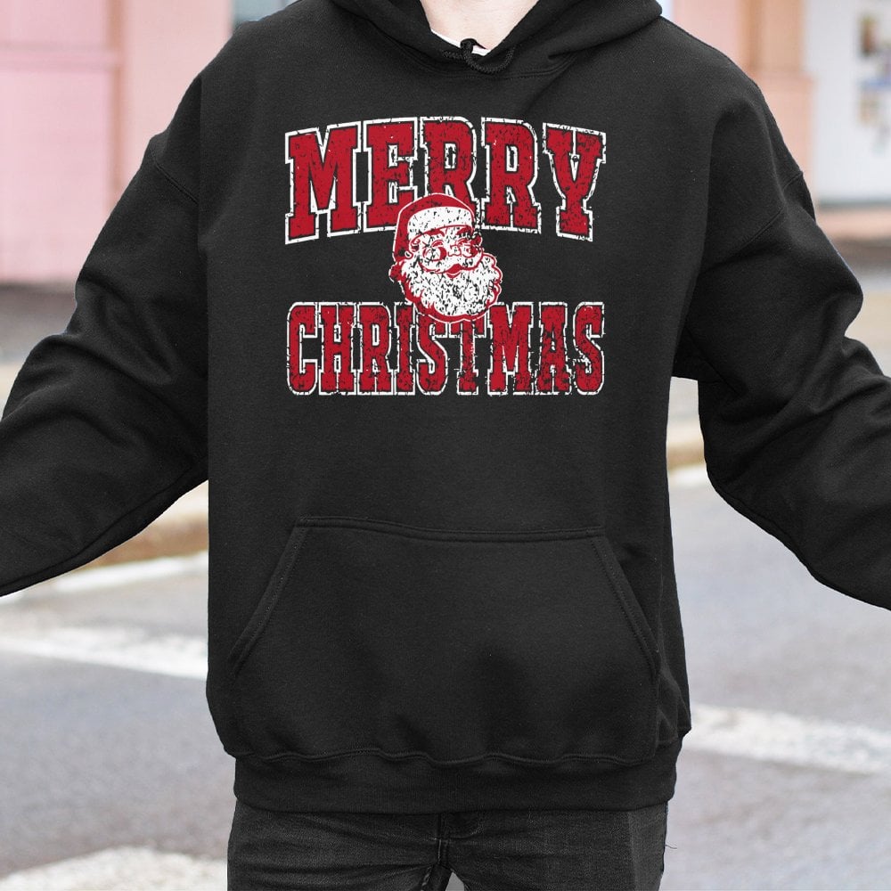 Retro Distressed Santa Claus Sweatshirt, Merry Christmas Santa Hoodie, Festive Xmas Holiday Hooded Pullover, Winter Vintage T