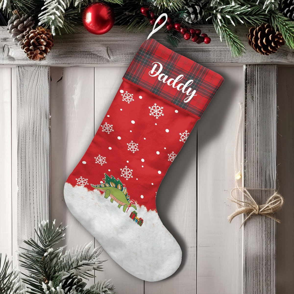 Personalized Red Plaid Stocking, Dinosaur Christmas Stocking, Adorable Dino Holiday Stocking, Custom Kids Christmas Stocking,
