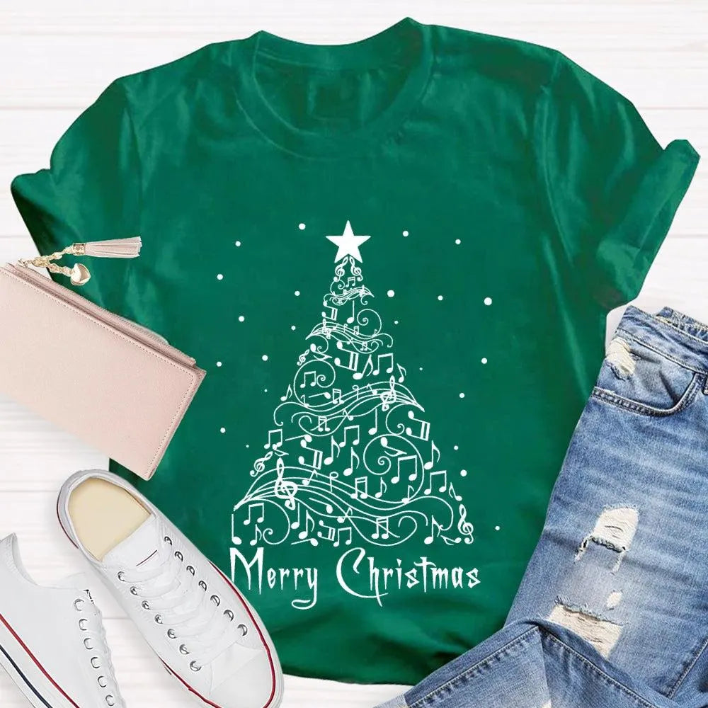 Sheet Music Holiday Tree T-Shirt, Music Teacher Christmas Shirt, Musical Notes Graphic Tee, Choir Director Christmas Present 