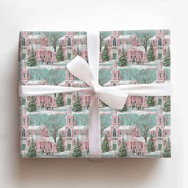 Winter Village Holiday Gift Wrap, Pink Church Christmas Wrapping Paper, Snowy Scenery Christmas Wrapping Paper, Pastel Xmas G