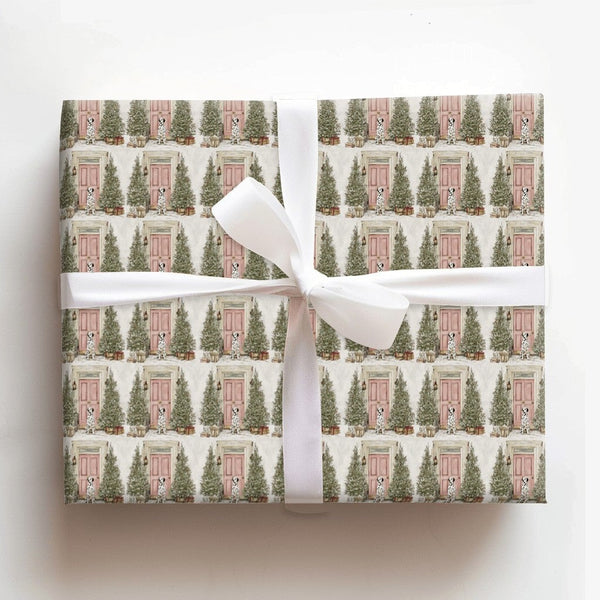 Pink Door Watercolor Dog Gift Wrap, Dalmatian Christmas Wrapping Paper, Dalmatian Holiday Wrapping Paper, Festive Winter Pres