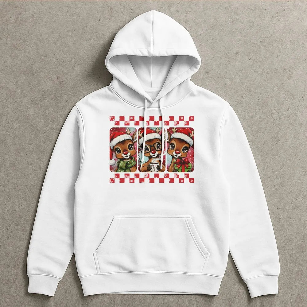 Festive Deer Graphic Hoodie, Christmas Reindeer Hoodie, Adorable Holiday Animal Pullover, Winter Xmas Hooded Sweatshirt, Comf