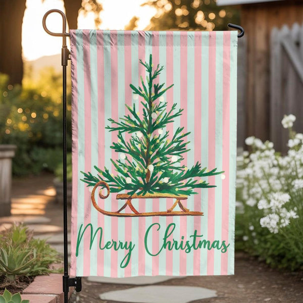 Pink Mint Stripe Xmas Yard Flag, Vintage Sleigh Merry Christmas Garden Flag, Retro Tree Outdoor Flag, Festive Holiday Lawn Po