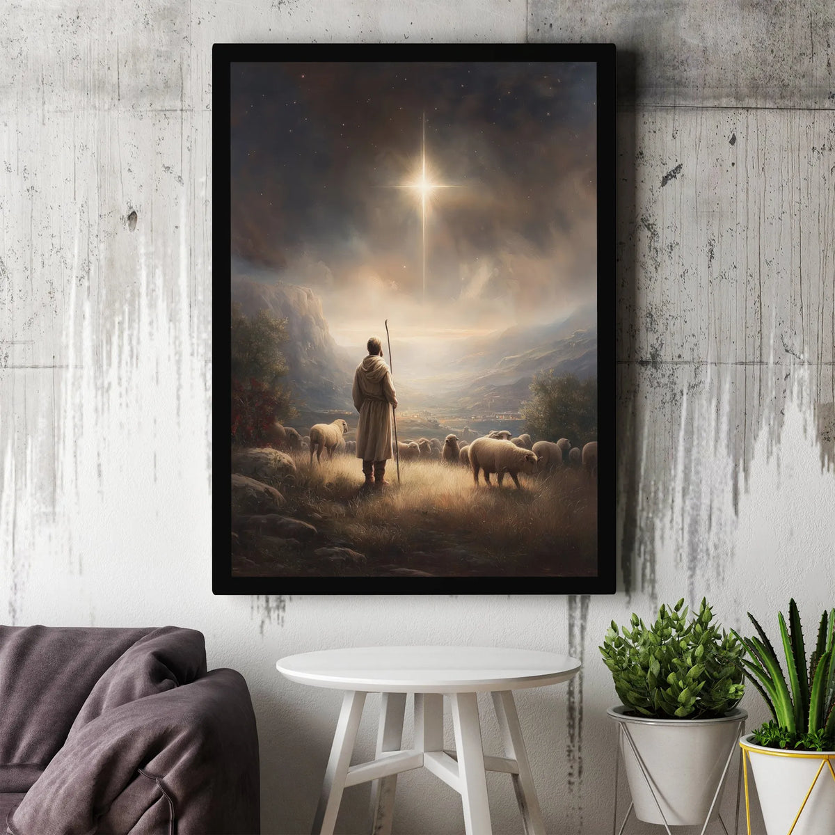 Holy Night Christian Canvas Wall Art, Nativity Shepherd Under Star of Bethlehem Canvas Print, Religious Christmas Manger Wall