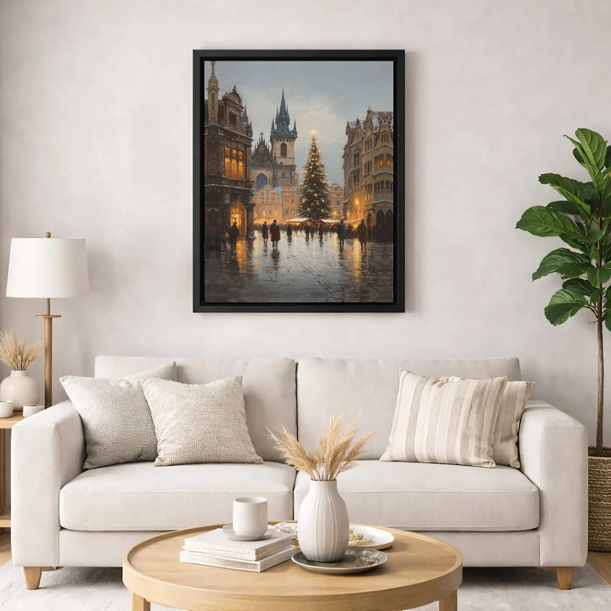 Vintage City Square Winter Wall Art, Snowy European Christmas Market Canvas Art, Comfy Holiday Town Canvas Print, Seasonal Xm