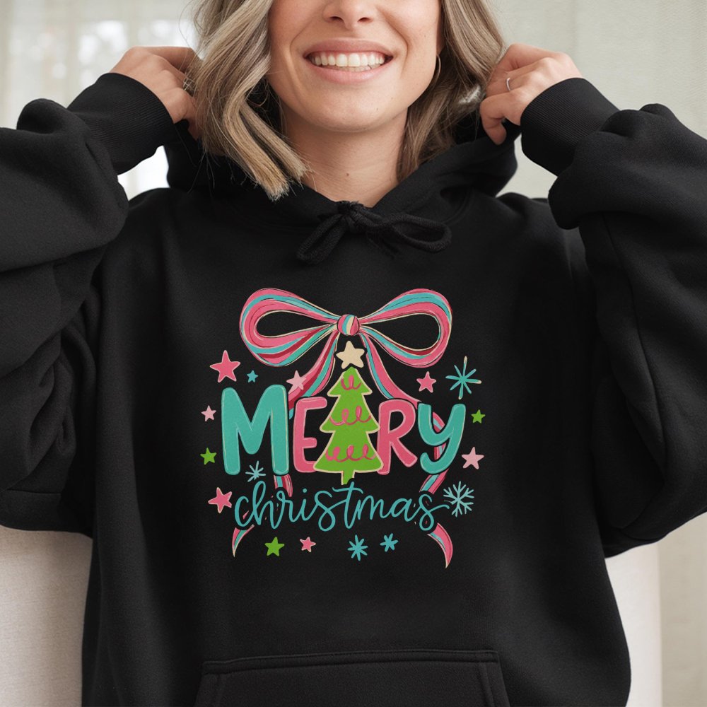 Pastel Tree Red Bow Graphic Sweatshirt, Merry Christmas Hoodie, Coquette Winter Holiday Hooded Pullover, Adorable Xmas Presen