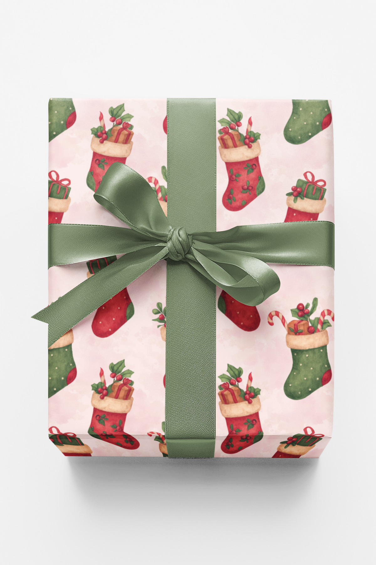 Candy Cane Holly Gift Wrap, Merry Mantle Christmas Stocking Wrapping Paper, Festive Red Green Holiday Gift Wrapping Paper, Xm