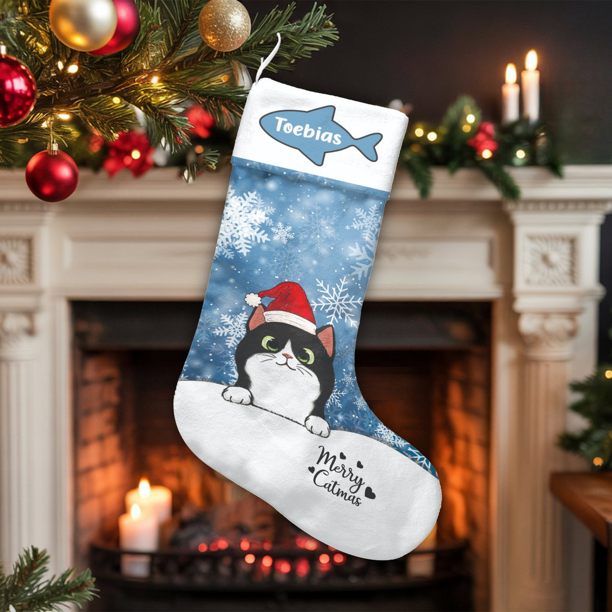 Kitten Christmas Stocking, Tuxedo Cat Christmas Stocking, Pet Lover Holiday Stocking, Comfy Winter Fireplace Mantel Decor, Ca