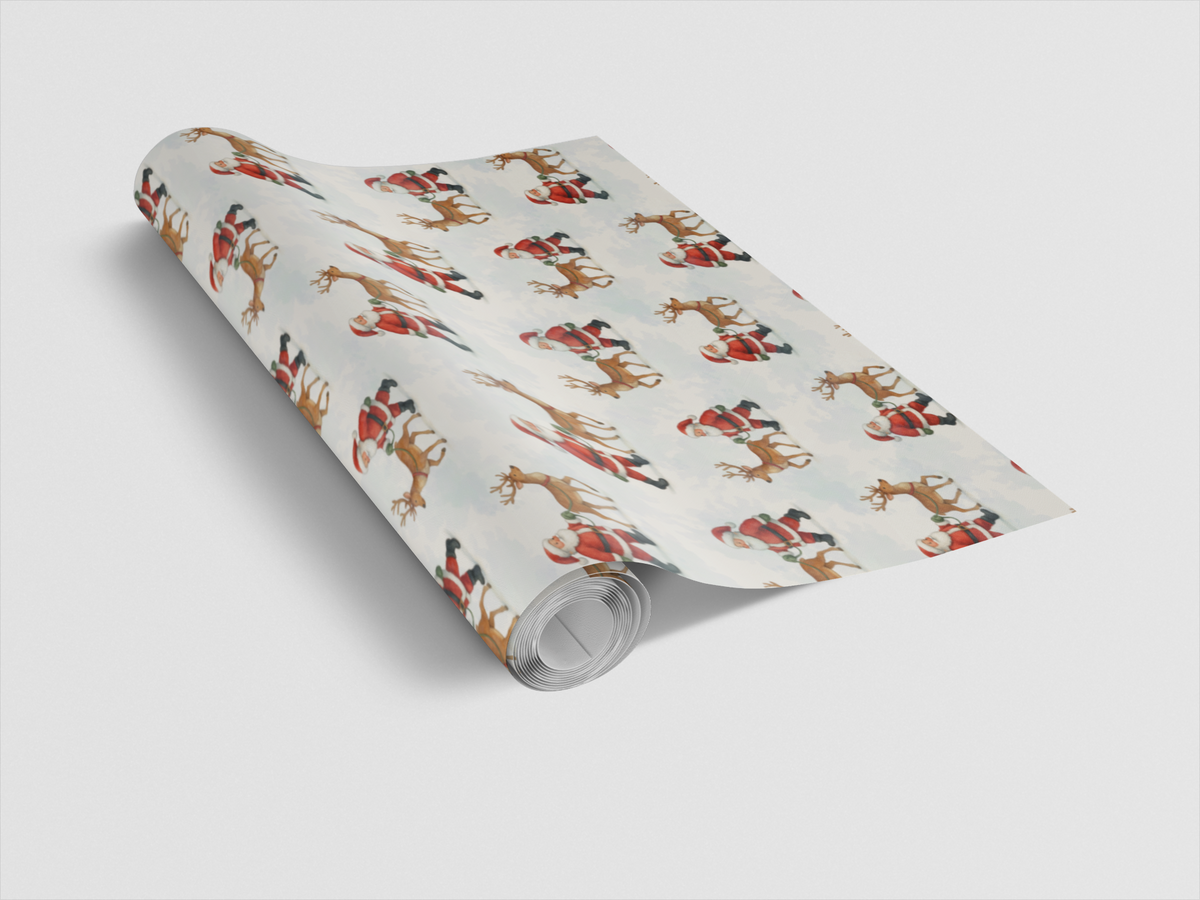 Christmas Holiday Gift Wrap, Watercolor Santa and Reindeer Wrapping Paper, Adorable Xmas Pattern Wrapping Paper, Winter Prese