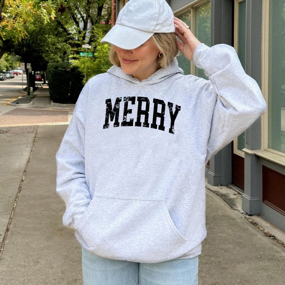 Distressed Holiday Lettering Sweatshirt, Retro Varsity Merry Christmas Hoodie, Vintage Winter Season Hooded Pullover Present
