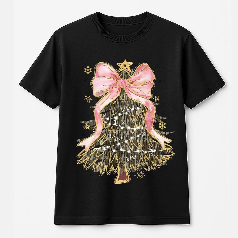 Coquette Pink Bow Aesthetic Graphic Tee, Camo Christmas Tree T-Shirt, Camo Tree Holiday Shirt, Adorable Camo Xmas Tee, Holida