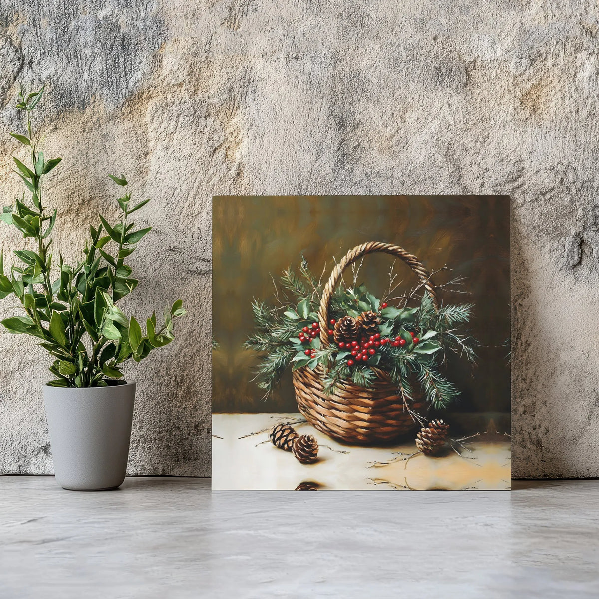 Rustic Holly Berry Canvas Print, Christmas Basket Still Life Canvas Wall Art, Winter Pinecone Painting, Holiday Decor Digital