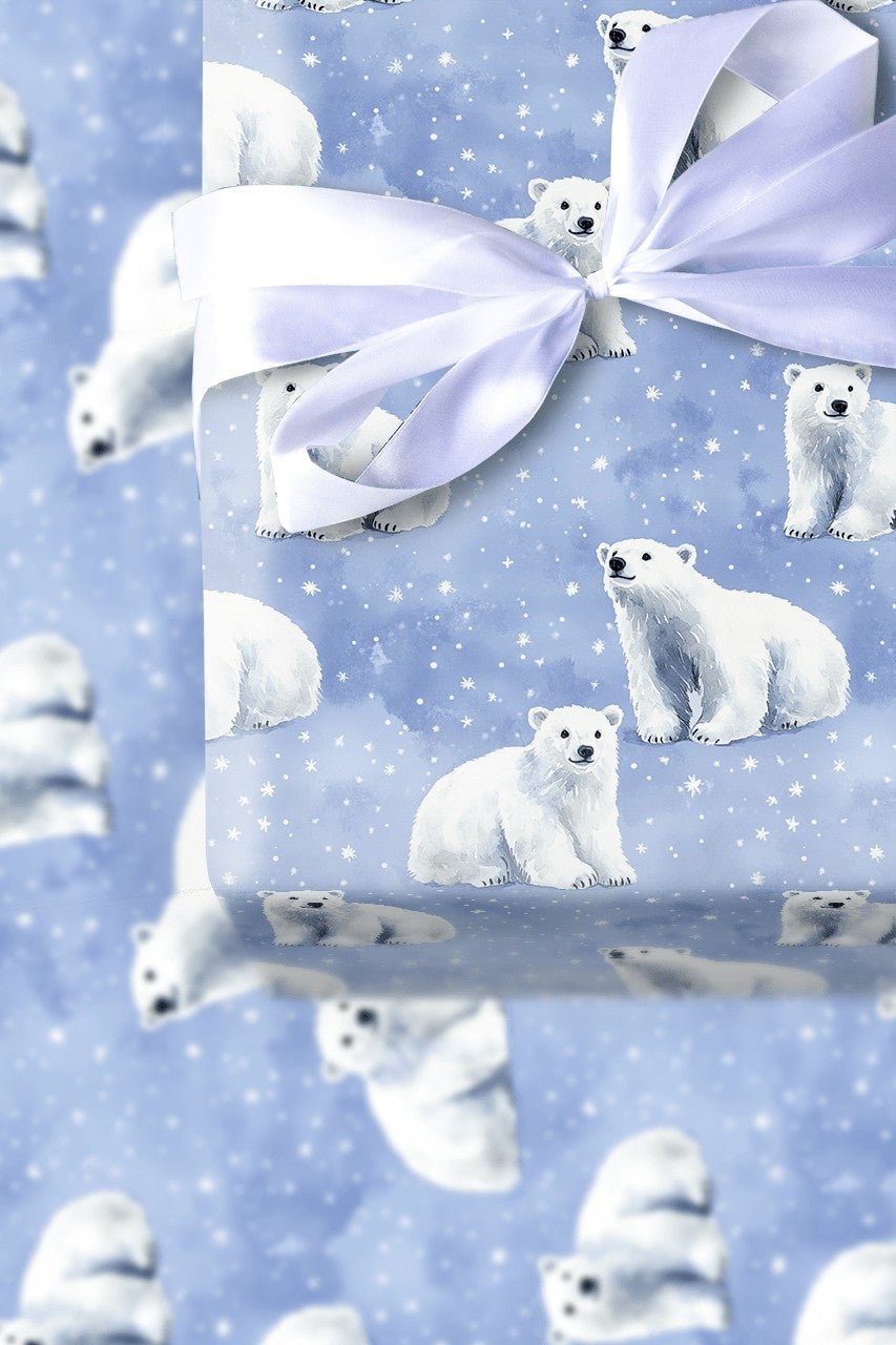 Snowy Night Polar Bear Gift Wrap, Polar Bear Christmas Wrapping Paper, Winter Wildlife Wrapping Paper, Holiday Present Wrappi
