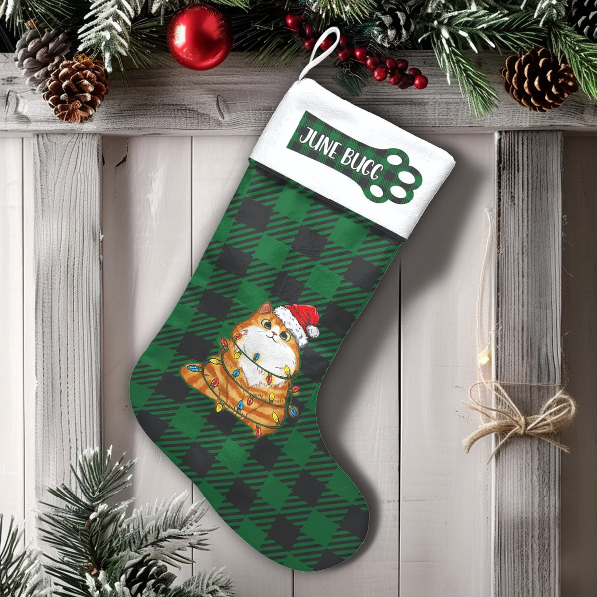 Green Buffalo Plaid Santa Cat Stocking, Personalized Cat Christmas Stocking, Custom Name Pet Holiday Stocking, Cat Lover Xmas