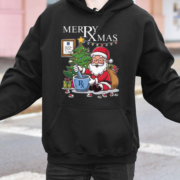 Humorous Pharmacy Christmas Hoodie, Santa Mixing Pills Pharmacist Hoodie, Pharm Tech Holiday Pullover, Medical Rx Xmas Hooded