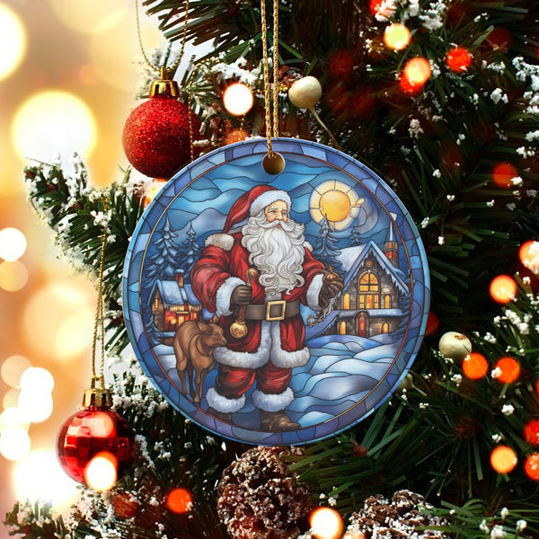 Winter Village Santa Ornament, Stained Glass Santa Ornament, Ceramic Christmas Tree Ornament, Holiday Keepsake Decoration, Xm