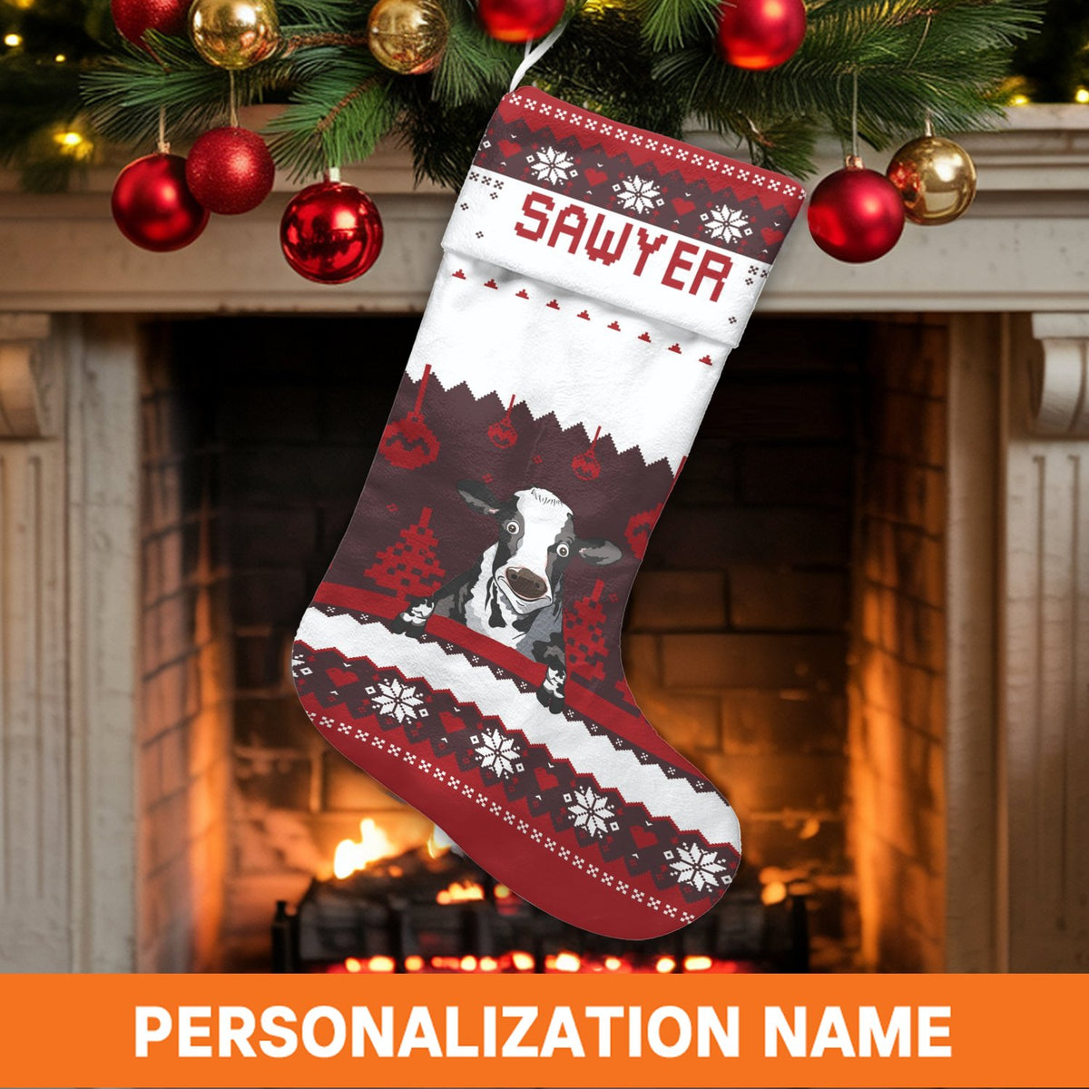Nordic Farmhouse Holiday Stocking, Personalized Cow Christmas Stocking, Rustic Farm Animal Xmas Stocking, Custom Name Winter 