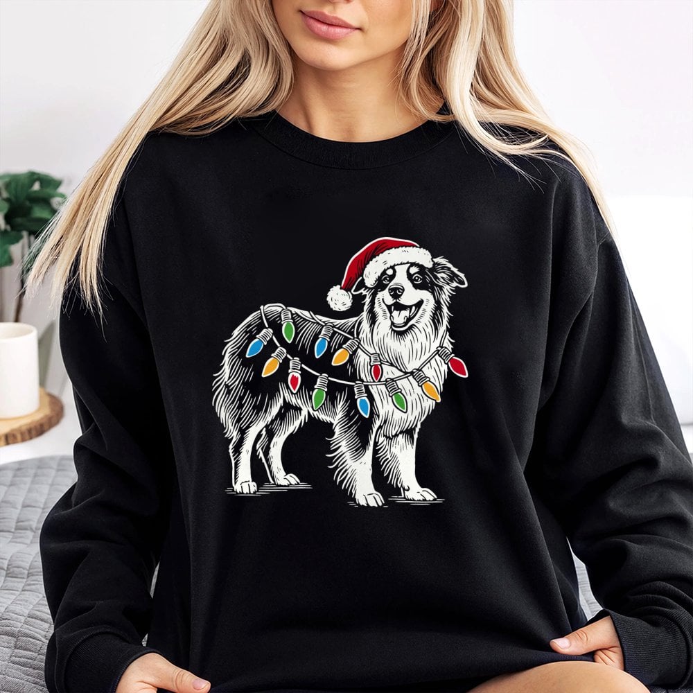 Aussie Santa Lights Sweatshirt, Australian Shepherd Christmas Sweatshirt, Adorable Shepherd Dog Holiday Sweater, Pet Lover Xm