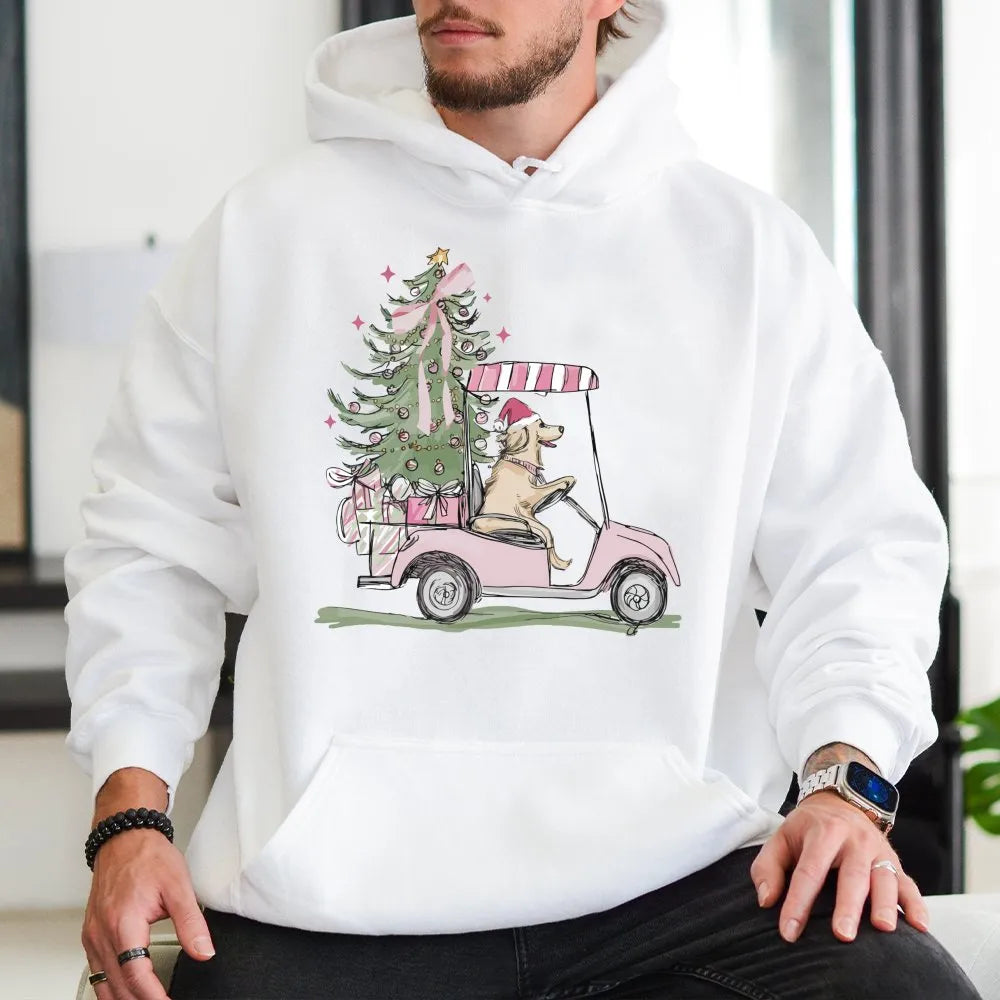 Pink Golf Cart Christmas Hoodie, Christmas Golden Retriever Hoodie, Festive Dog Lover Hooded Sweatshirt, Adorable Golfer Holi