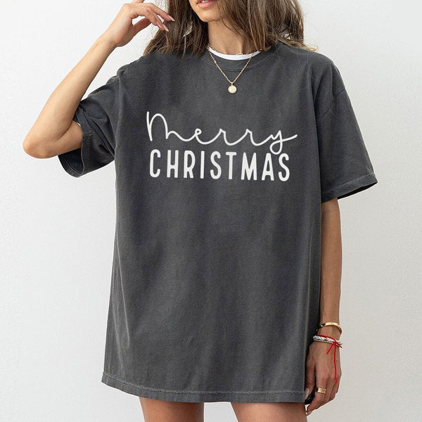 Minimalist Typographic Script Tee, Merry Christmas T-Shirt, Festive Holiday Season Shirt, Adorable Christmas Eve Graphic Top 