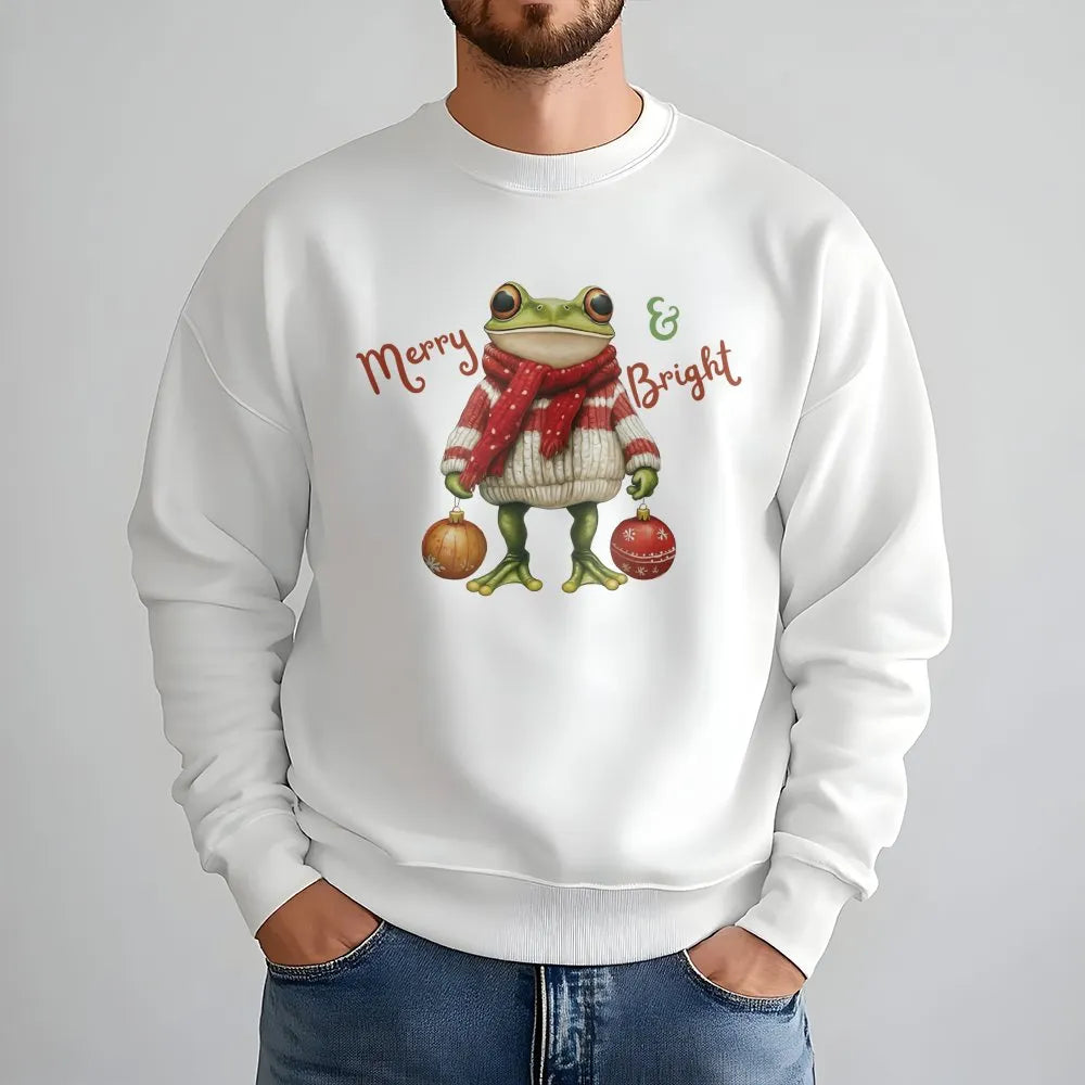 Humorous Christmas Frog Crewneck, Merry and Bright Frog Sweatshirt, Adorable Holiday Animal Sweater, Winter Frog Lover Pullov