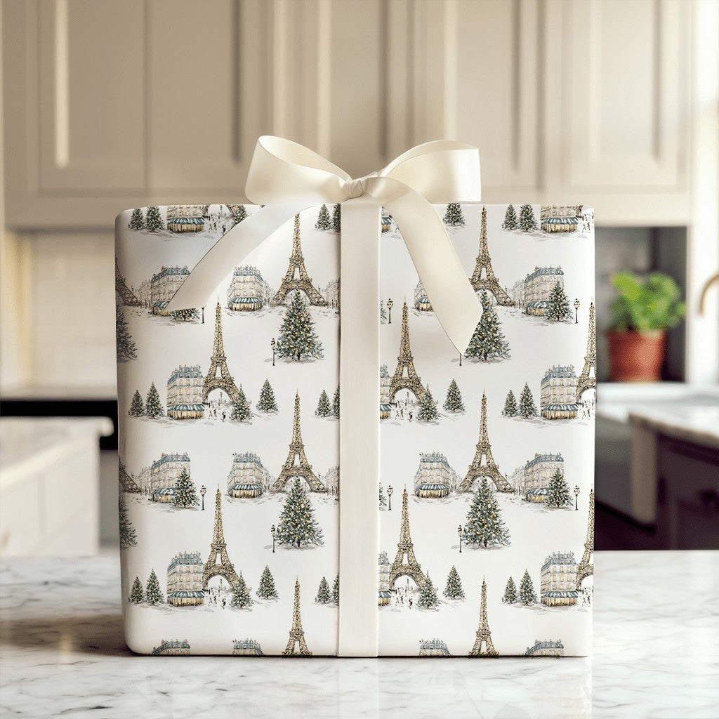 Snowy Eiffel Tower Gift Wrap, Paris Christmas Wrapping Paper, French Cityscape Holiday Wrapping Paper, Francophile Gift Wrapp