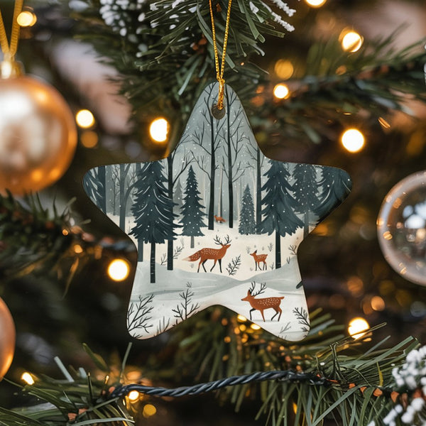 Deer and Fox Woodland Ceramic Ornament, Winter Forest Star Ornament, Rustic Holiday Tree Star Ornament, Nature Keepsake Chris