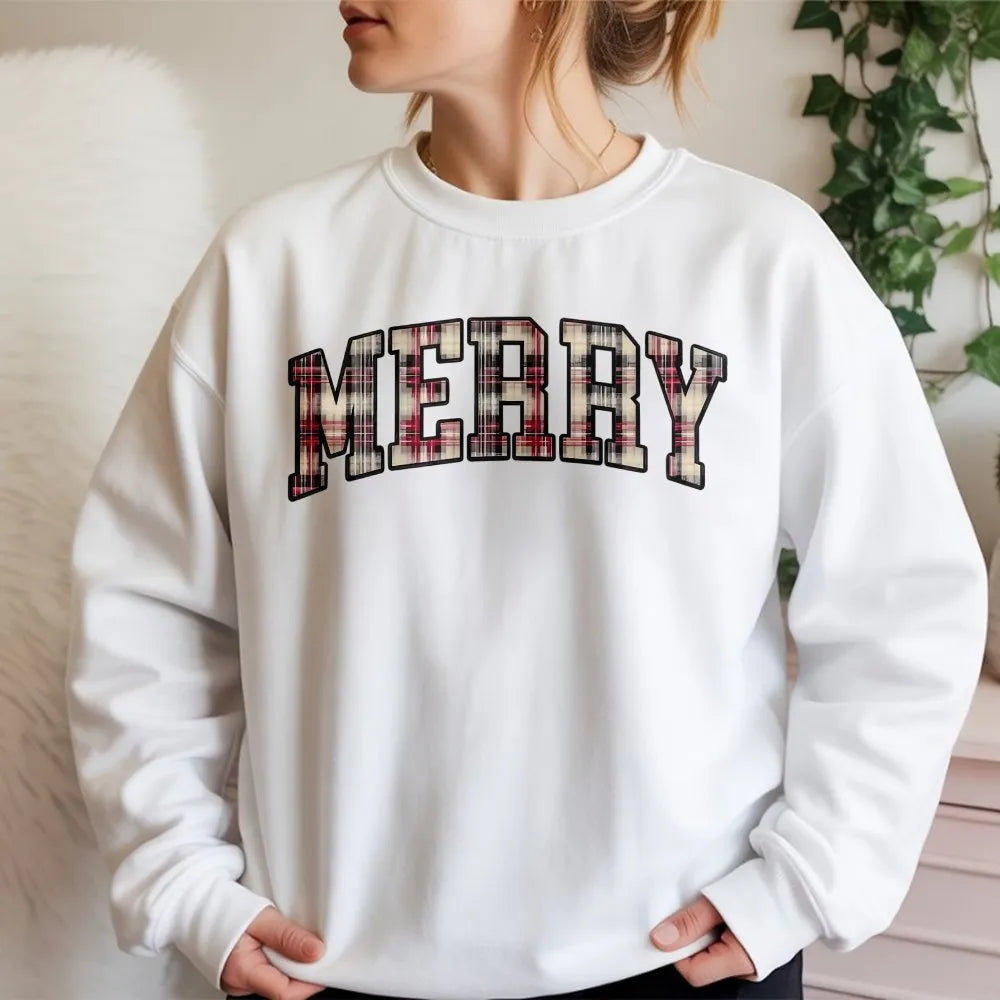 Red Plaid Varsity Letter Sweater, Merry Christmas Sweatshirt, Retro Holiday Crewneck Sweatshirt, Comfy Winter Xmas Sweatshirt