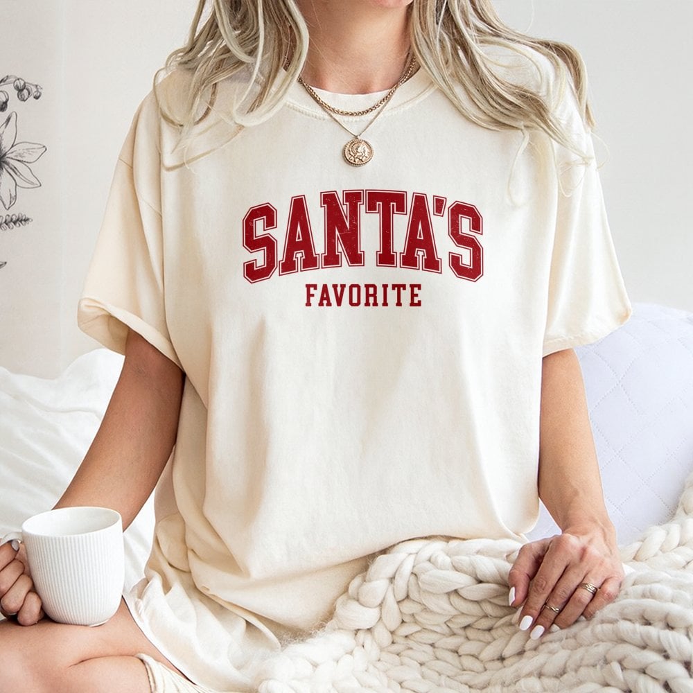 Varsity Christmas Shirt, Santa's Favorite T-Shirt, Adorable Festive Holiday Graphic Tee, Retro Xmas Lettering T-Shirt, Family