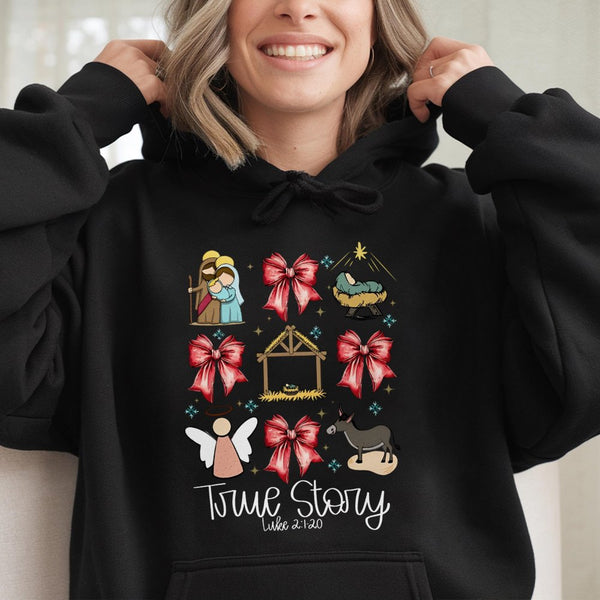 Nativity Scene Coquette Bow Sweatshirt, True Story Christmas Hoodie, Christian Religious Holiday Pullover, Faith Xmas Hoodie