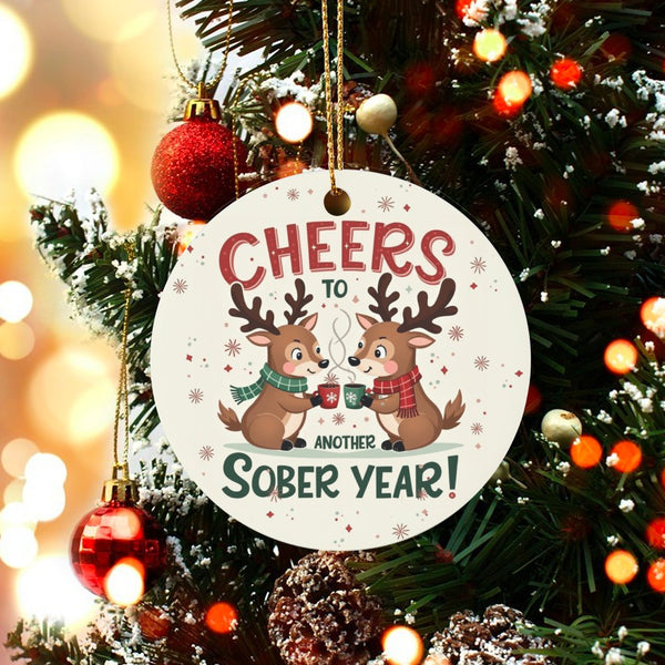 Reindeer Recovery Christmas Ornament, Cheers to Another Sober Year Ceramic Ornament, Sobriety Milestone Keepsake Ornament for